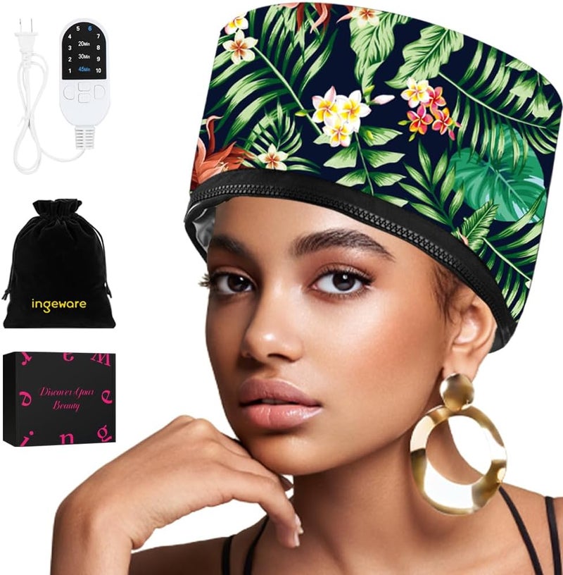 ingeware Heat Cap for Deep Conditioning, Thermal Cap for Hair Steamer Cap for Natural Hair Portable Electric Heat Hair Spa Cap for Home Use Pattern (Floral Print) - Image 1